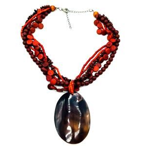 Red Multi Strand Wooden Beaded Horn Pendant Statement Necklace Boho 20"